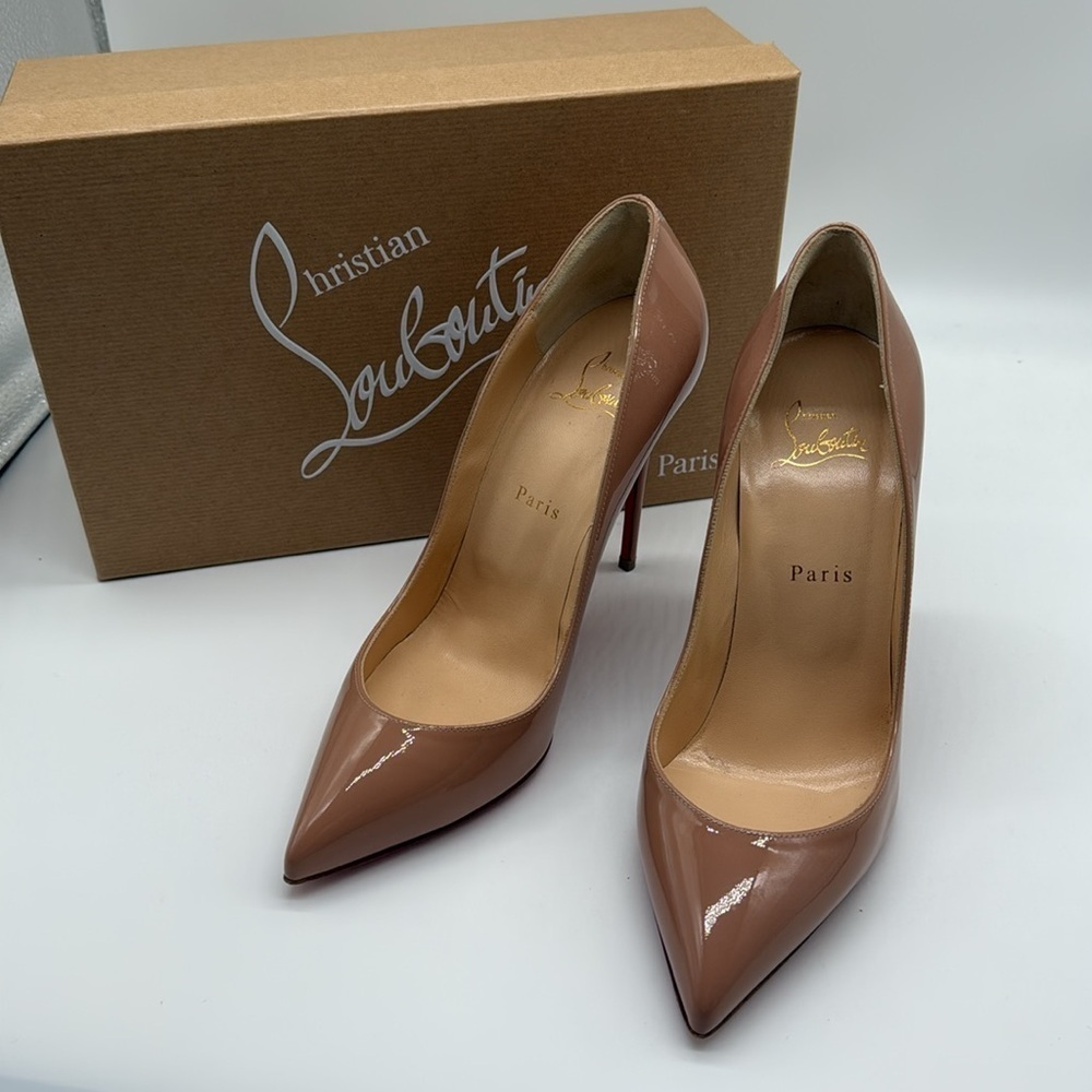 Louboutin Pigalle Follies Leather 100mm Red Sole Pumps Heels Nude Patent Size 39 - Picture 2 of 10